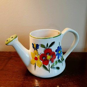 Vintage Hand Painted Watering Can Planter, Ceramic Vase, Made in Brazil 1970s